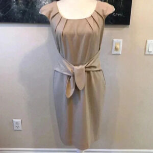 Tahari ASL Classic Tan Cap Sleeve Sheath Dress with Tie Front-Size 4